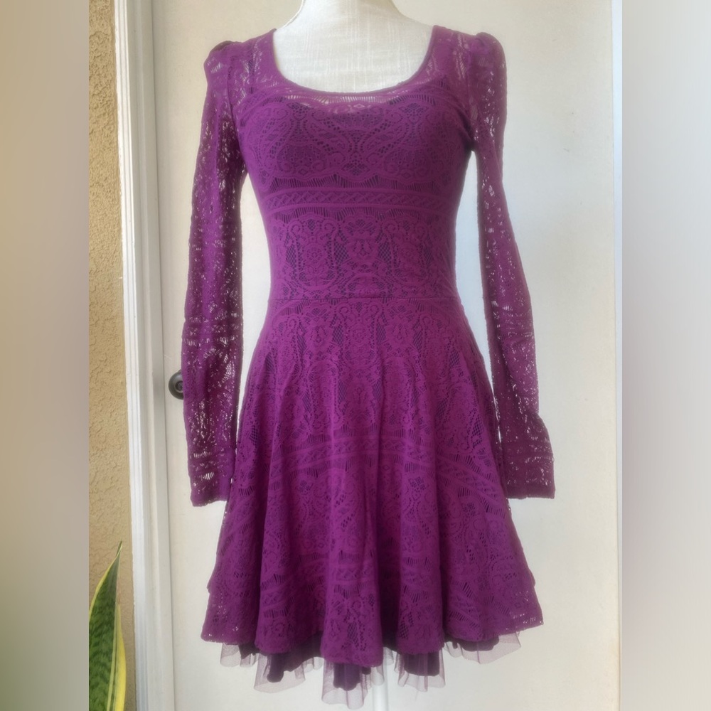 y2k free people magenta mesh & lace fit & flare long sleeve dress sz. xs